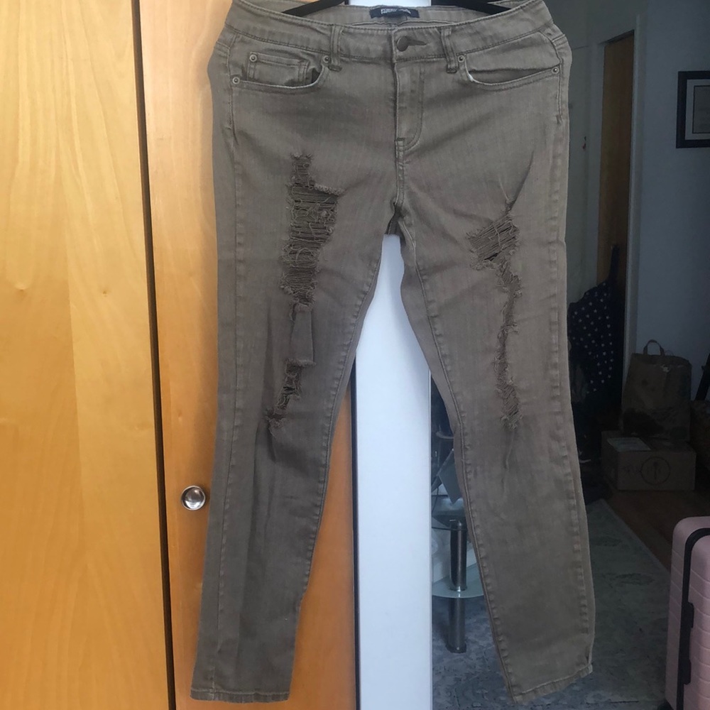 Olive Green Stretch Ripped Denim